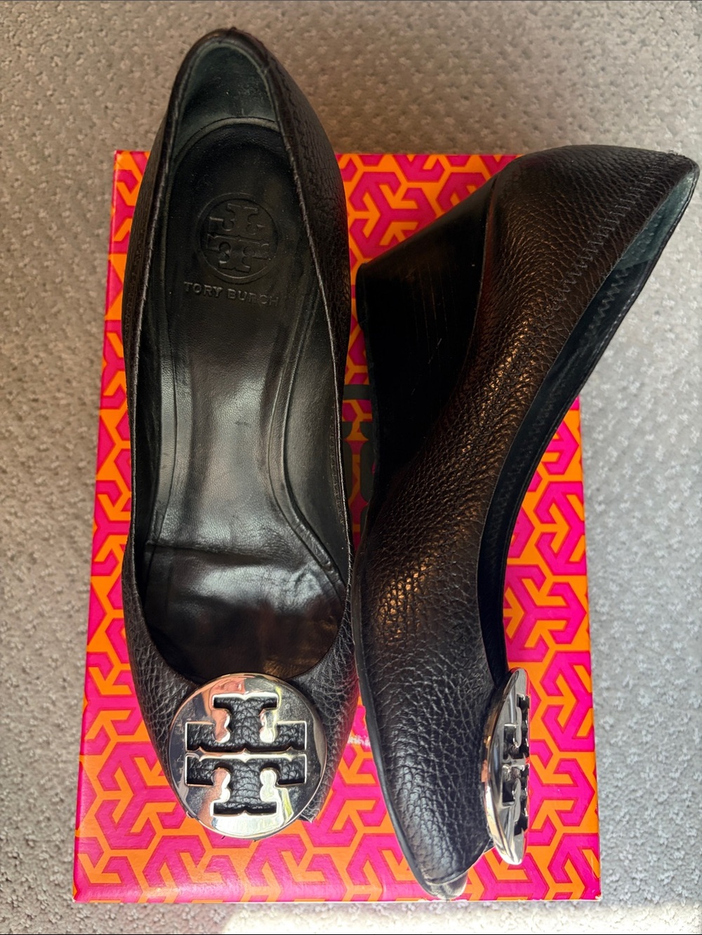 Tory Burch Women's Sally 2 Black Tumbled  Leather Peep Toe Wedges w/ Silver Logo